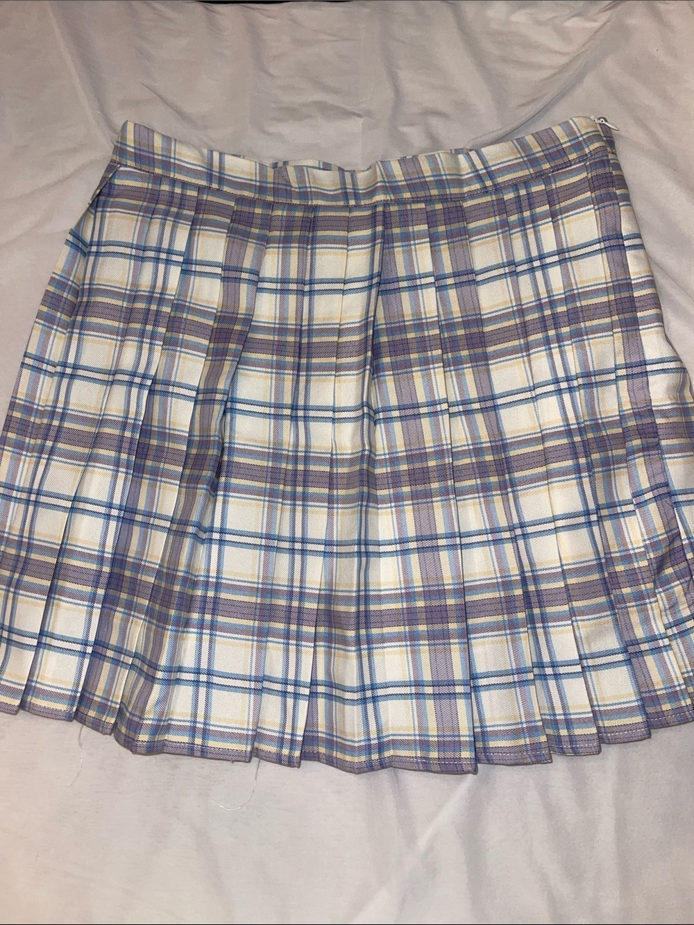 Pleated Mini Skirt in White with Purple and Blue Plaid - Picture 3 of 6